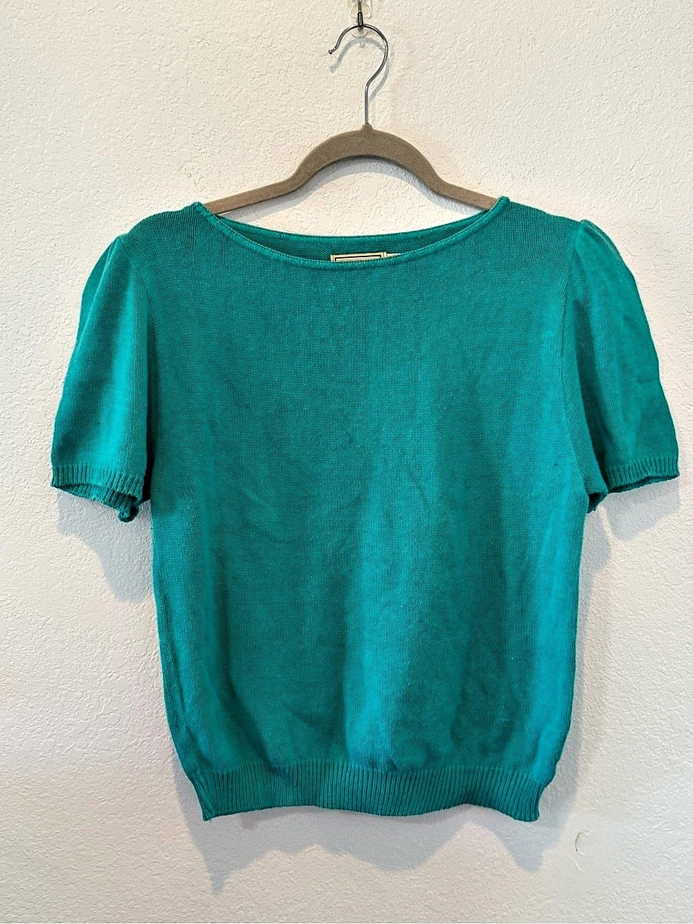 Vintage L.L.Bean 80s Turquoise Puff Sleeve Knit Sweater Made in USA L